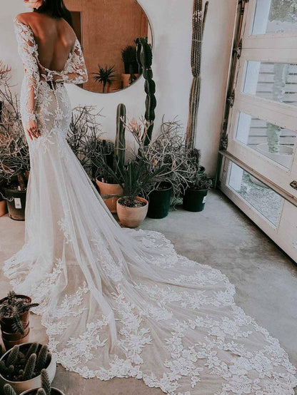 Mermaid Wedding Dress Illusion Neckline Long Sleeves Backless Lace With Train