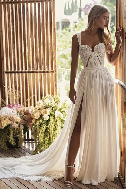 A-Line Long Chiffon Sweetheart Wedding Dresses With Slit