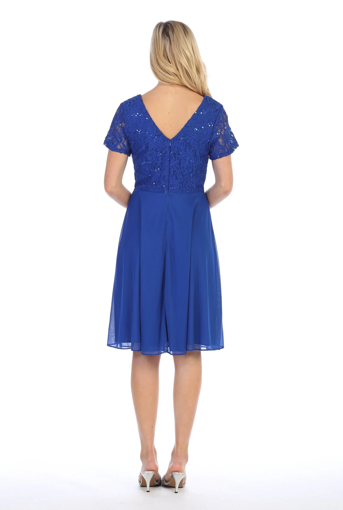 Short Knee Length Dress with Short Sleeve Lace Bodice