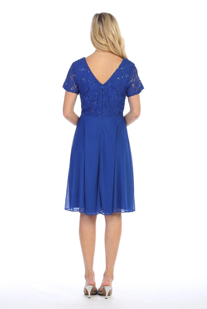 Short Knee Length Dress with Short Sleeve Lace Bodice
