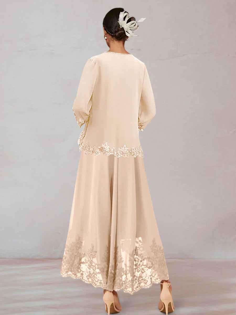 Chiffon Mother of the Bride Dresse Chiffon V-Neck 3/4 Sleeves Ankle-Length Long Evening Dress With Appliques