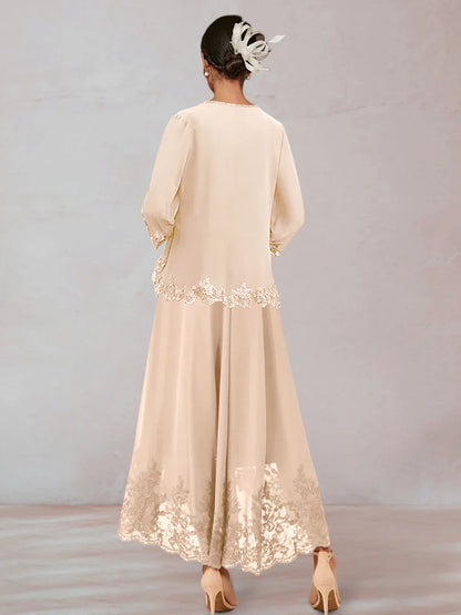 Chiffon Mother of the Bride Dresse Chiffon V-Neck 3/4 Sleeves Ankle-Length Long Evening Dress With Appliques