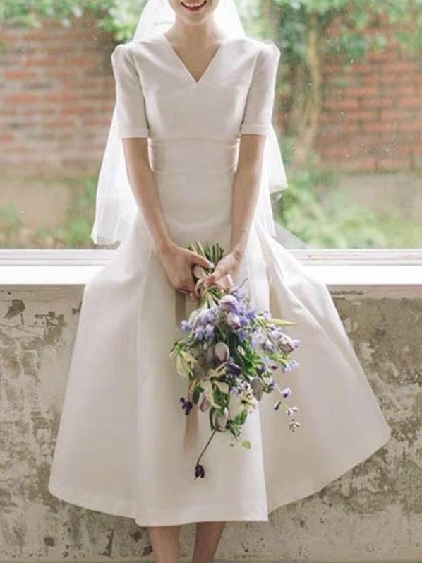 Simple Wedding Dress V-Neck Short Sleeves Tea length A-Line Bridal Dresses