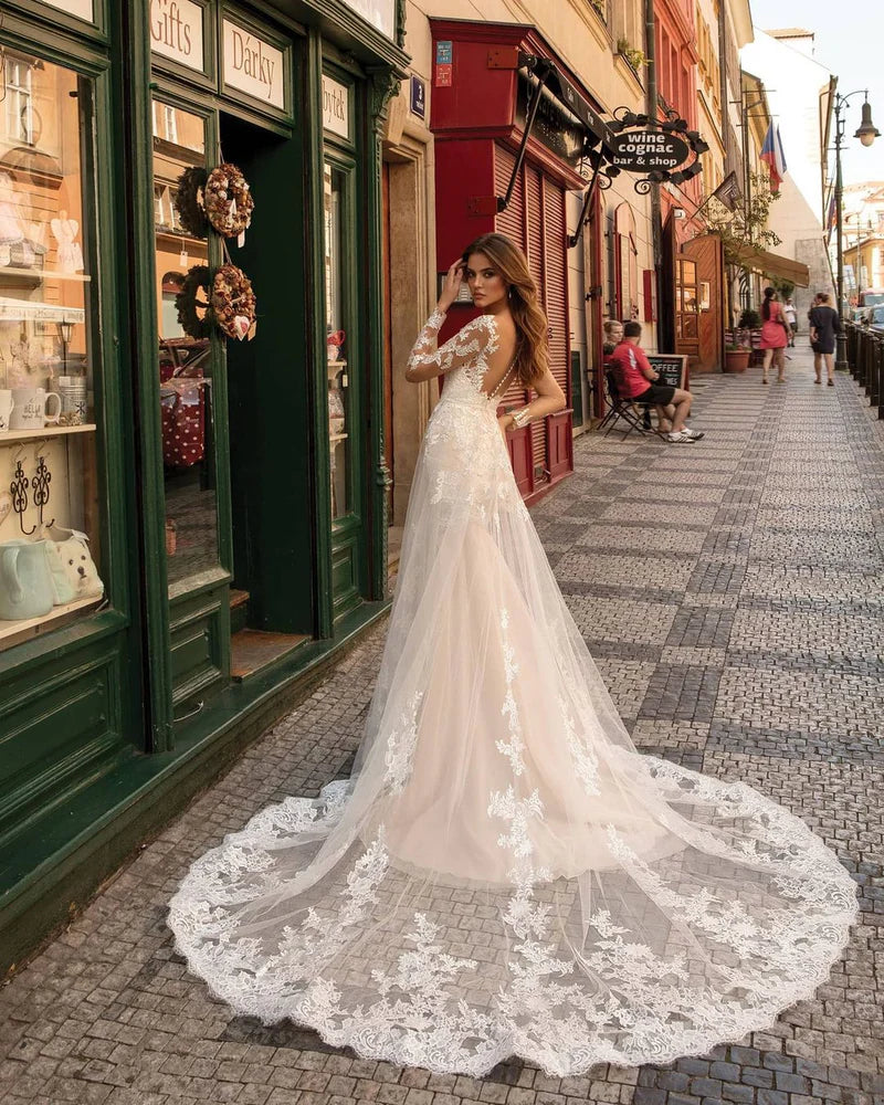 Long Sleeves Mermaid Lace Ivory Wedding Dress Court Train Dresses