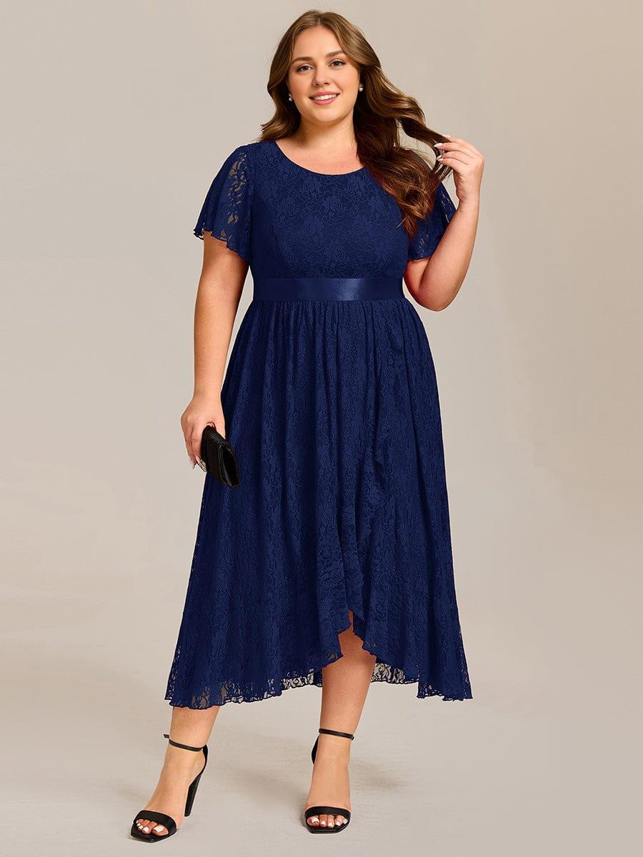 Plus Size Lace Flutter Sleeves Round Neckline Midi Formal Dress Plus Size Lace Flutter Sleeves Round Neckline Midi Formal Dress