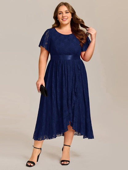 Plus Size Lace Flutter Sleeves Round Neckline Midi Formal Dress Plus Size Lace Flutter Sleeves Round Neckline Midi Formal Dress