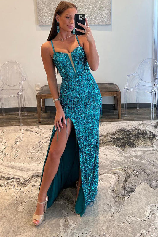 Sparkly Sheath V Neck Sequins Long Prom Dresses with Slit