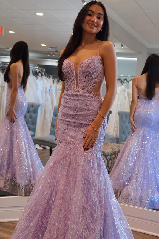 Mermaid Sweetheart Lilac Sequins Appliques Long Prom Dresses