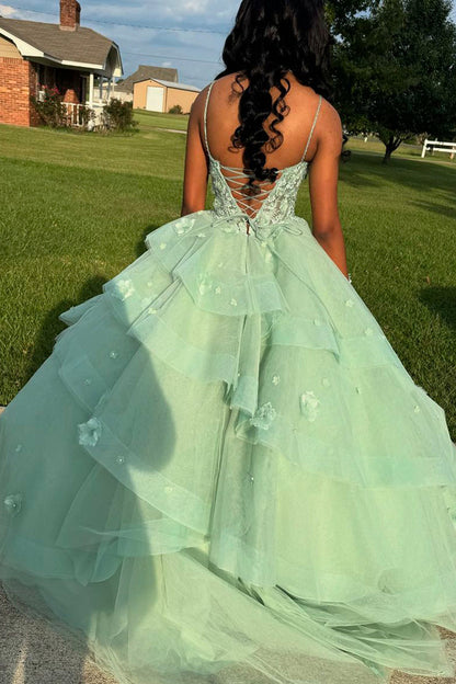 Cute Ball Gown Sweetheart Sage Green Tulle Long Prom Dresses with Appliques