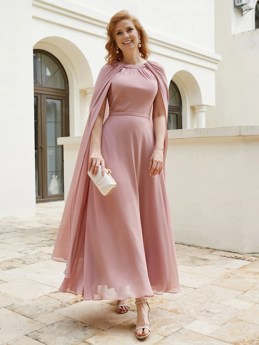 A-line Jewel-Neck Chiffon Mother of the Bride Dresse With Long Cape-Dusty Rose