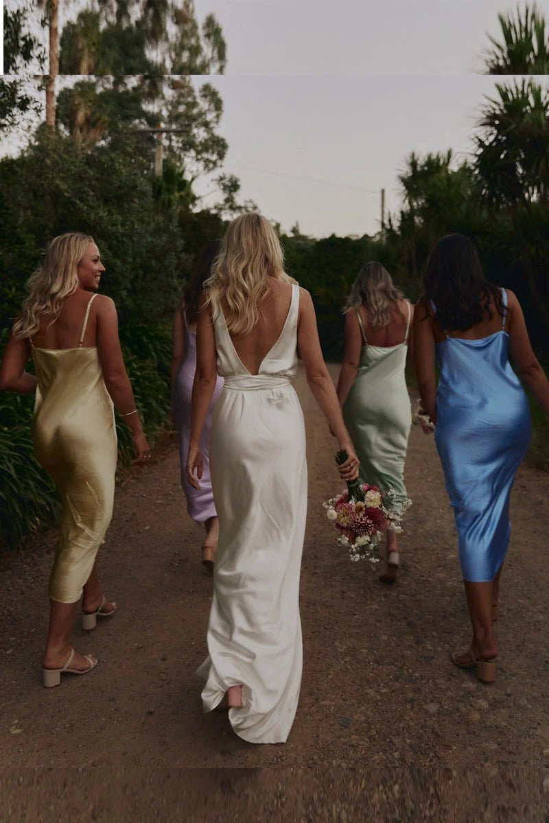 Sheath Silk Satin V Neck Bridesmaid Dresses with Straps