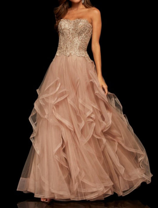 A-Line Party Dress Prom Dress Strapless Sleeveless Floor Length Tulle with Tier Embroidery