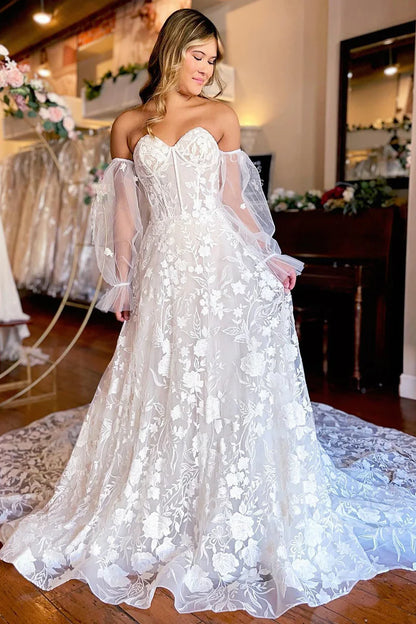 Ivory Sweetheart Corset Detachale Long Sleeves Long Lace Wedding Dress Sweep/Brush Train Dresses
