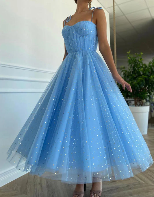 Glitter A-Line Princess Tulle Blue Sweetheart Homecoming Dress with Stars