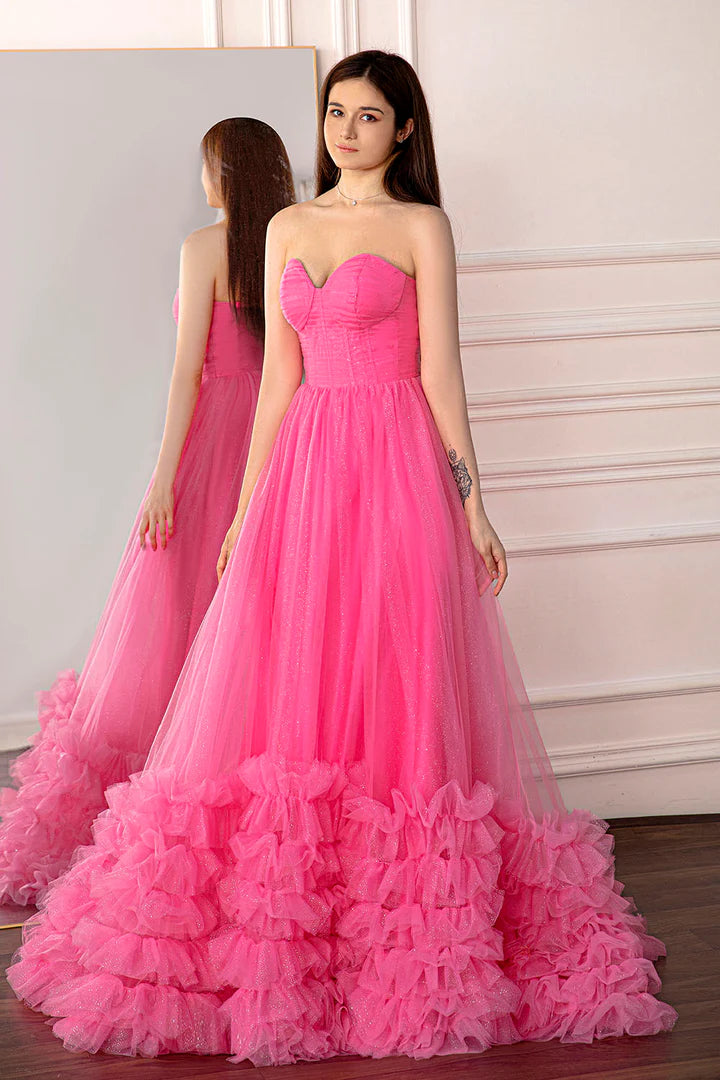 A-Line Princess Pink Strapless Long Tulle Prom Gown Prom Dress