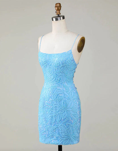 Spaghetti Strap Blue Beaded Lace Up Tight Backless Short Homecoming Dress