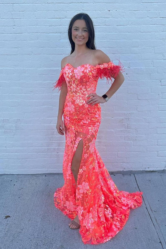 Cute Mermaid Coral Lace Sequins Long Prom Dresses with Slit