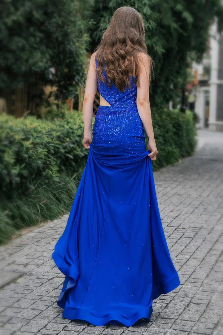 One Shoulder Side Split Beading Prom Dress Cutout Floor-length Dress With Slit