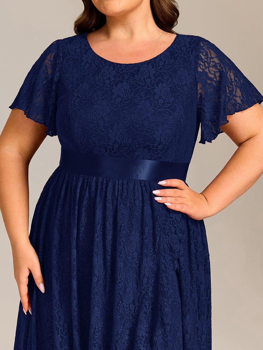 Plus Size Lace Flutter Sleeves Round Neckline Midi Formal Dress Plus Size Lace Flutter Sleeves Round Neckline Midi Formal Dress