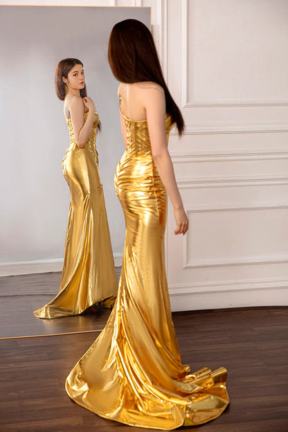 Metallic Gold Strapless Sweetheart Prom Dress Sweep/Brush Train Dresses