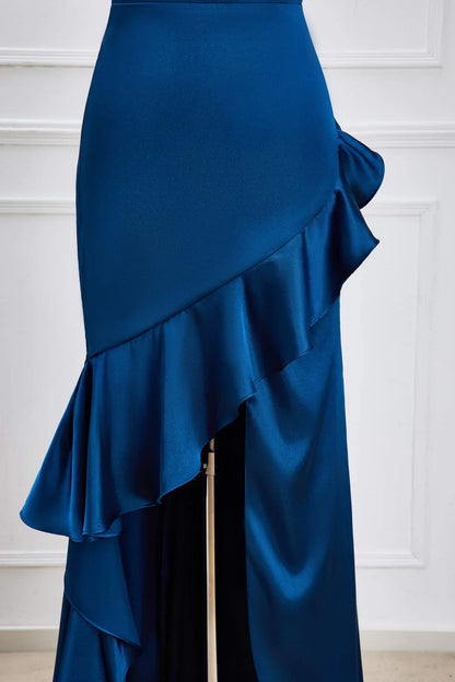 Blue One Shoulder Ruffle Satin Mermaid Maxi Dress Vintage Style Prom Dress
