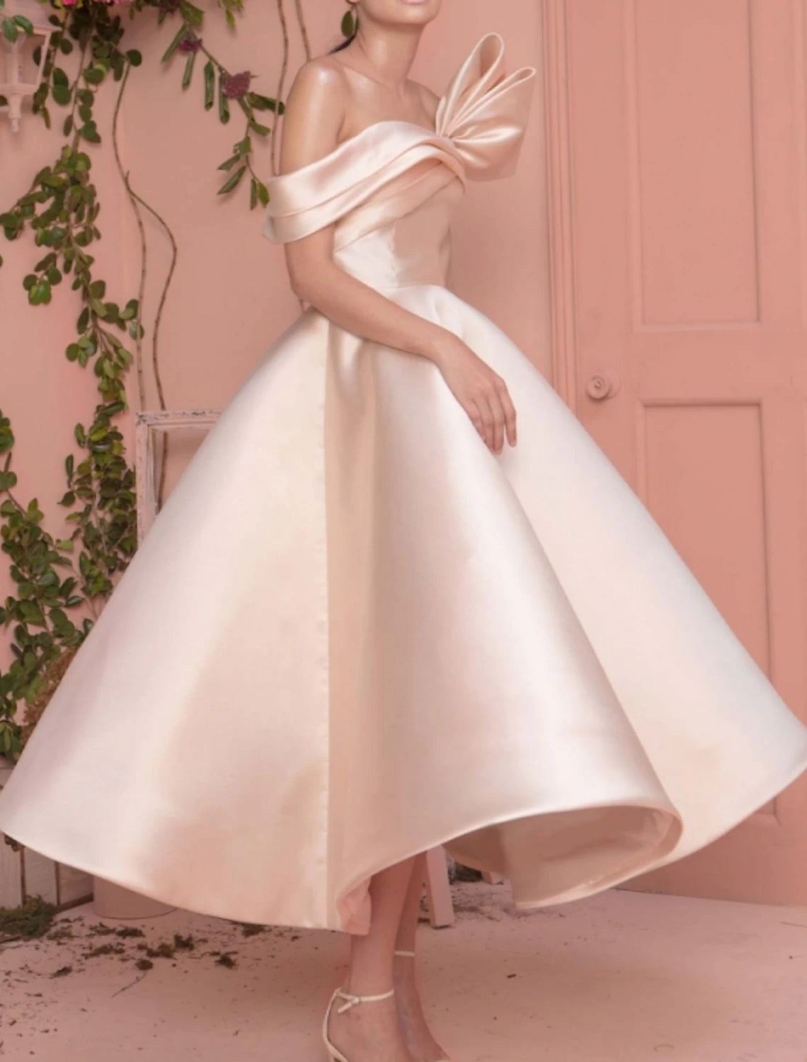 A-Line Prom Dresses Wedding Guest Ankle Length Off Shoulder Satin with Sleek