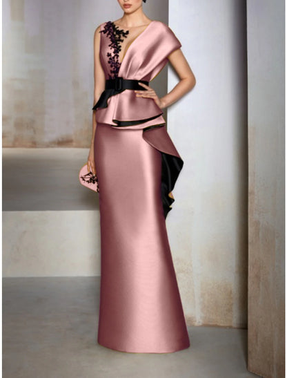 Sheath / Column Formal Wedding Guest Floor Length V Neck Satin with Ruffles Embroidery Appliques