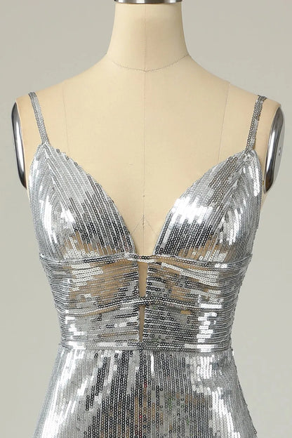 Mermaid Spaghetti Straps Silver Sequins Long Prom Dress Backless Wedding Guest Dresses