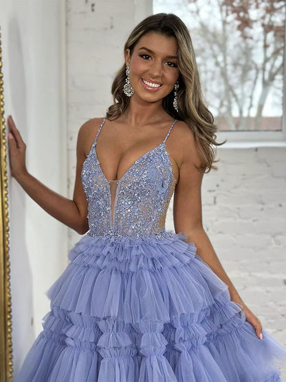Ballgown Blue V Neck Lace Tulle Long Prom Dress Graduation Dress