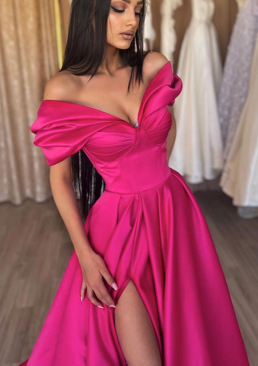 A-line Off-the-Shoulder Satin Floor-Length Prom Dress With Ruffles Split
