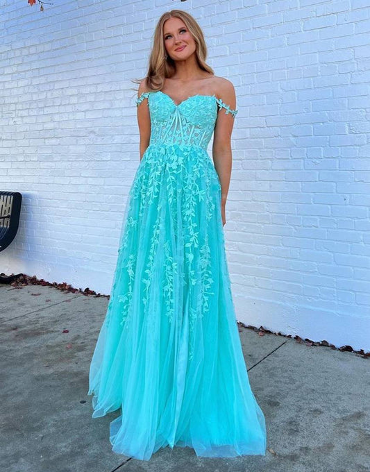 A-line Long Tulle Appliques Prom Dress With Slit