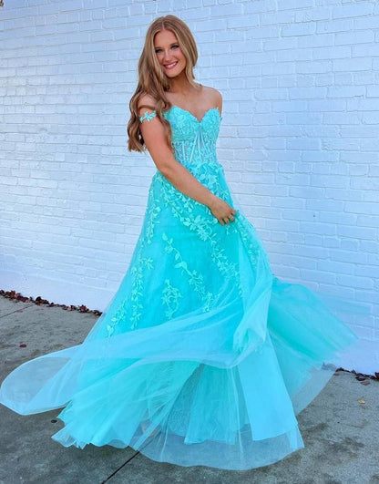 A-line Long Tulle Appliques Prom Dress With Slit