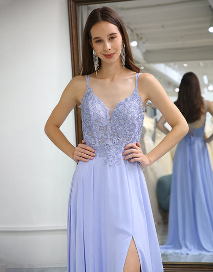 Lavender A Line Lace Dress Long Prom Dress With Slit