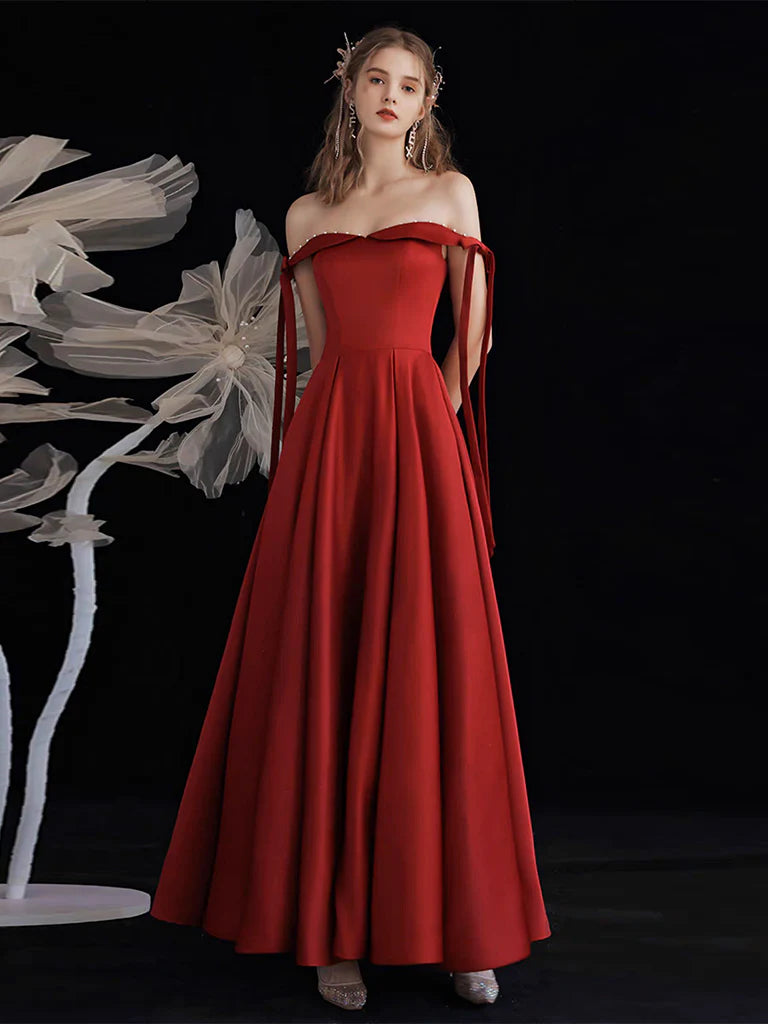 A-Line Off Shoulder Satin Burgundy Formal Long Prom Dress