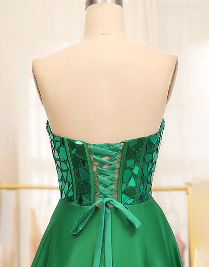 Dark Green A Line Sweetheart Satin Mirror Long Prom Dress