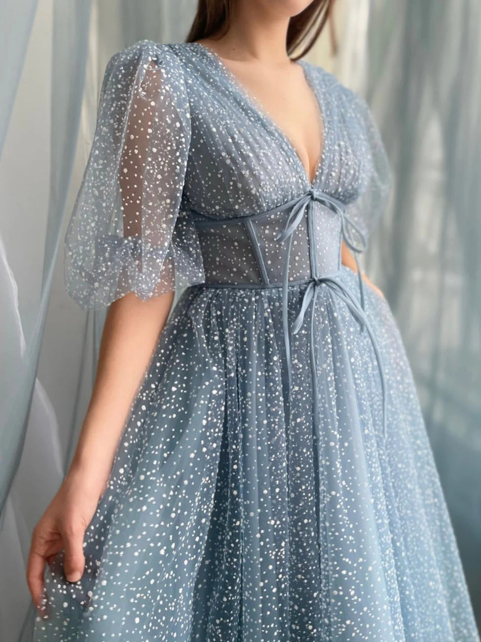 Cute A-Line Tulle Tea Length Gray Blue Prom Dress Wedding Party Dress