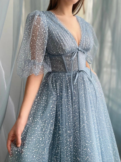 Cute A-Line Tulle Tea Length Gray Blue Prom Dress Wedding Party Dress
