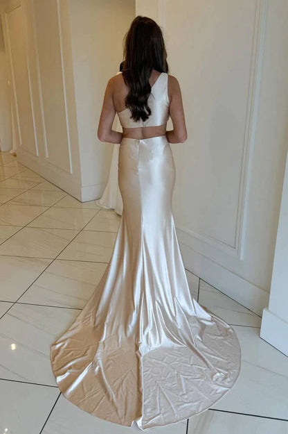Champagne Prom Dress One-Shoulder Mermaid Satin Long Dress Sweep/Brush Train Dresses