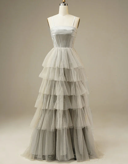 Light Grey Tiered Tulle Princess Ballgown Prom Dress