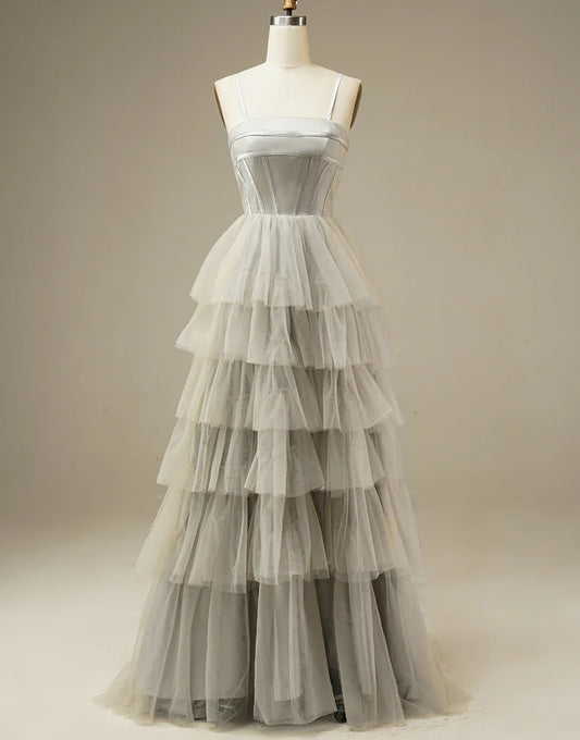 Light Grey Tiered Tulle Princess Ballgown Prom Dress