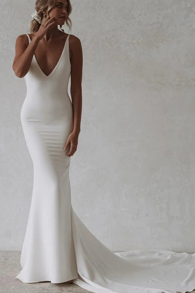 Elegant Mermaid V Neck Elastic Satin Long Wedding Dresses