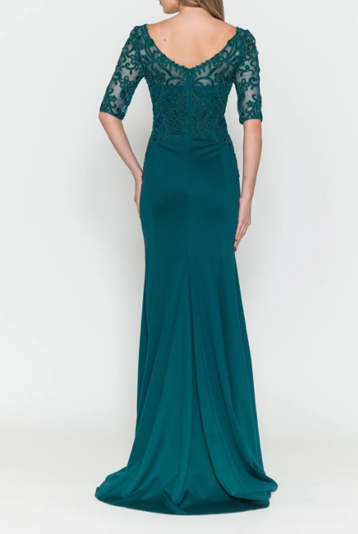 Mermaid Embroidered V-Neck Sheer-Sleeved Formal Prom Dress