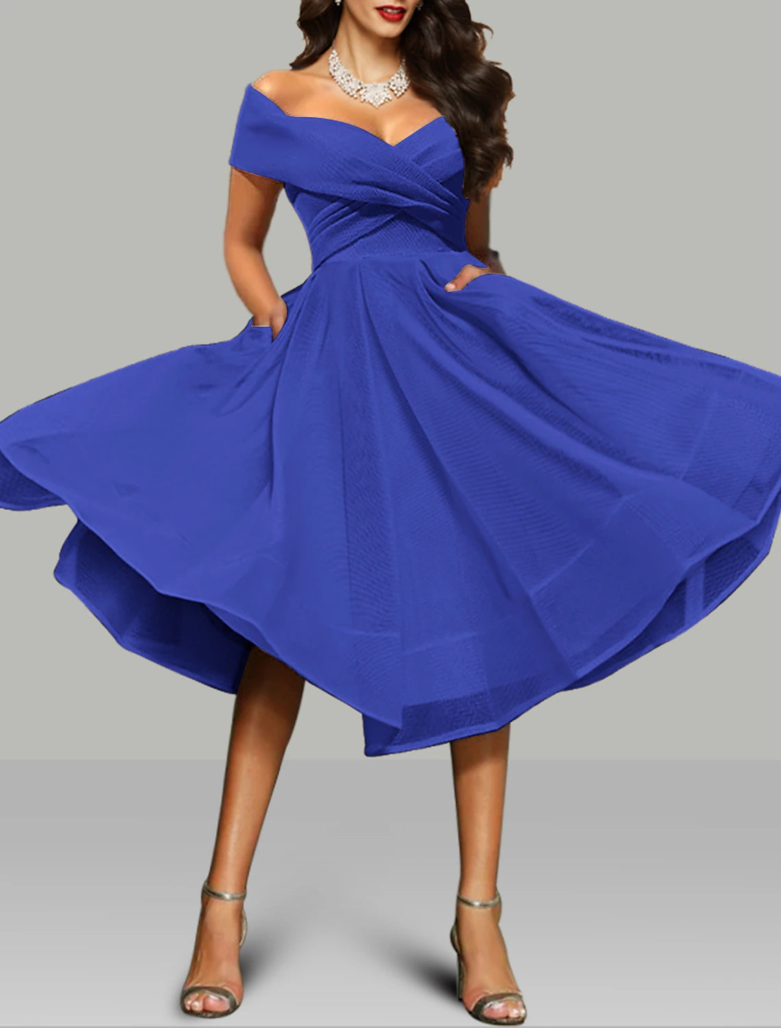 A-Line Prom Dresses Vintage Dress Wedding Guest Tea Length Off Shoulder with Ruched