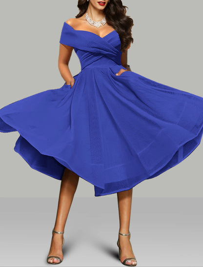 A-Line Prom Dresses Vintage Dress Wedding Guest Tea Length Off Shoulder with Ruched