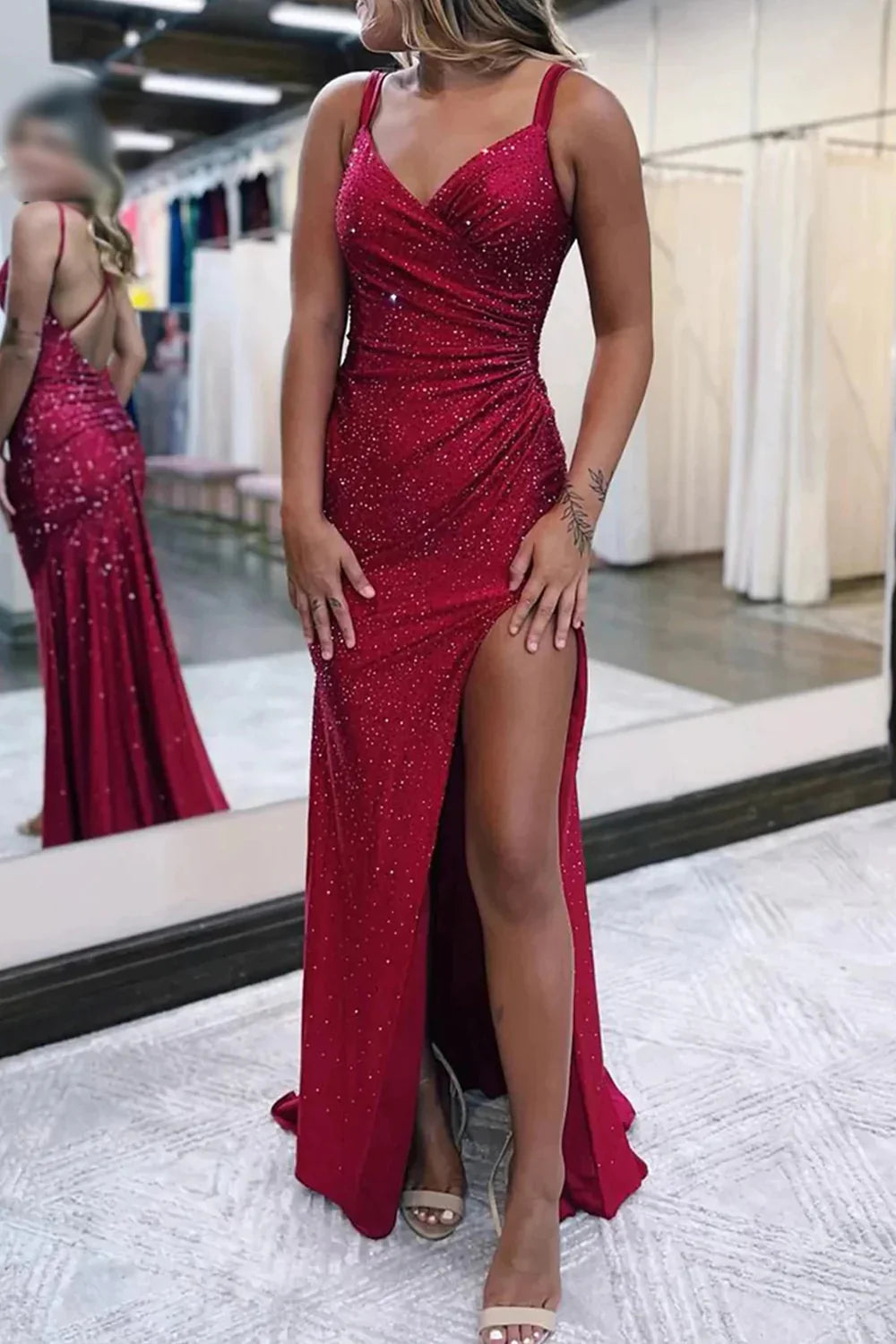 Sparkly Dark Red One Shoulder Sheath Long Prom Dress Slip Dress with Slit