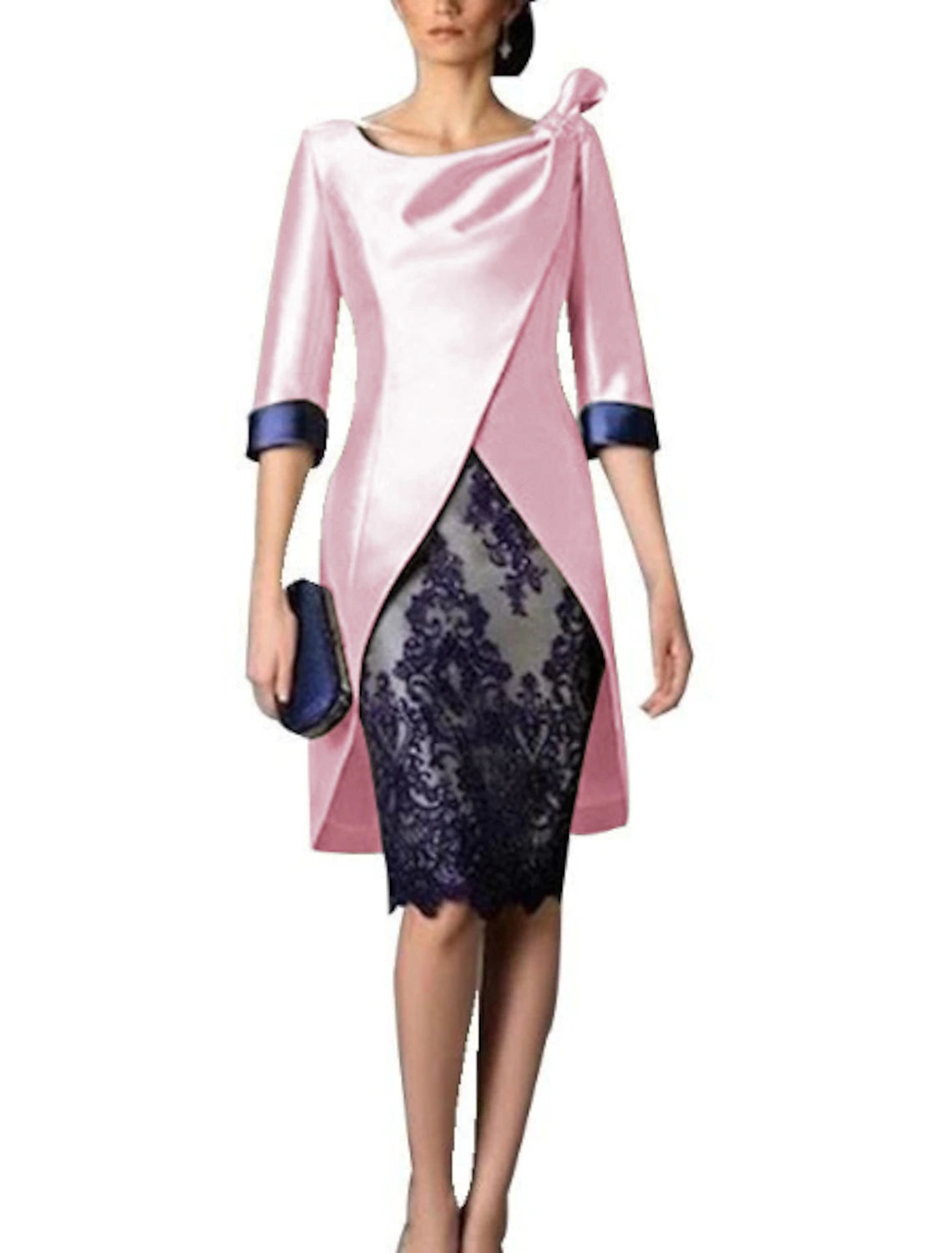 Two Piece Mother of the Bride Dress Wedding Guest Church Vintage Satin Lace 3/4 Length Sleeve Jacket Dresses