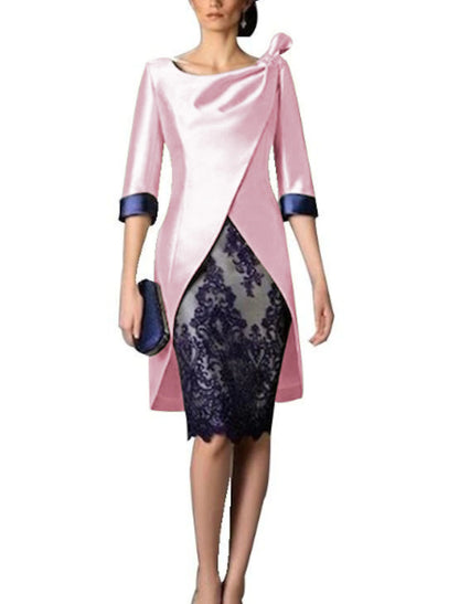Two Piece Mother of the Bride Dress Wedding Guest Church Vintage Satin Lace 3/4 Length Sleeve Jacket Dresses