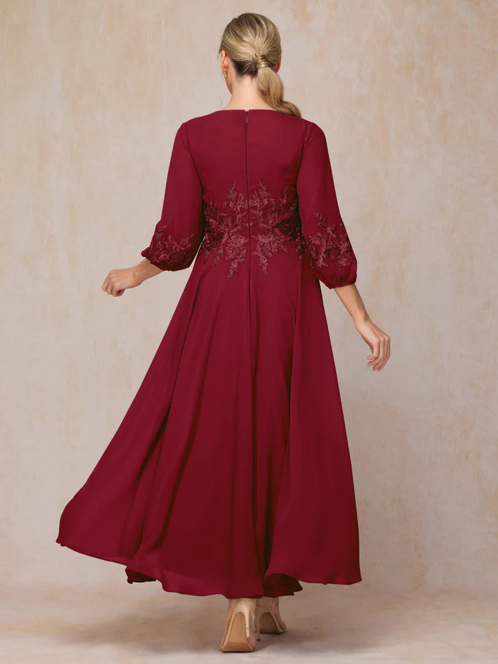 Long Sleeves Appliques Ankle Length Mother of the Bride Dresse Chiffon Wedding Guest Dresses