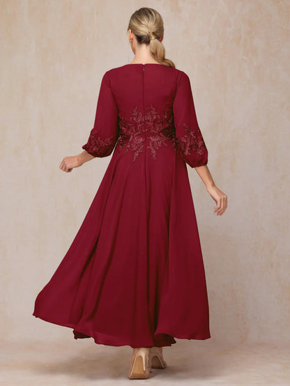 Long Sleeves Appliques Ankle Length Mother of the Bride Dresse Chiffon Wedding Guest Dresses