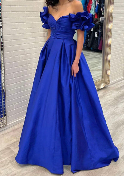 Ball Gown Off-the-Shoulder Taffeta Sweep Train Prom Dress With Pleated Ruffles
